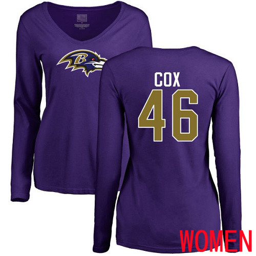 Baltimore Ravens Purple Women Morgan Cox Name and Number Logo NFL Football #46 Long Sleeve T Shirt->women nfl jersey->Women Jersey